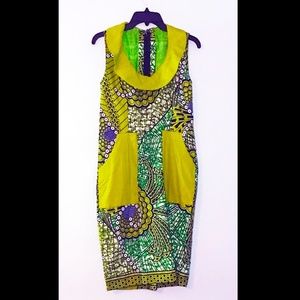 Handmade African Wax Cloth Sleeveless Dress in Green, White & Black